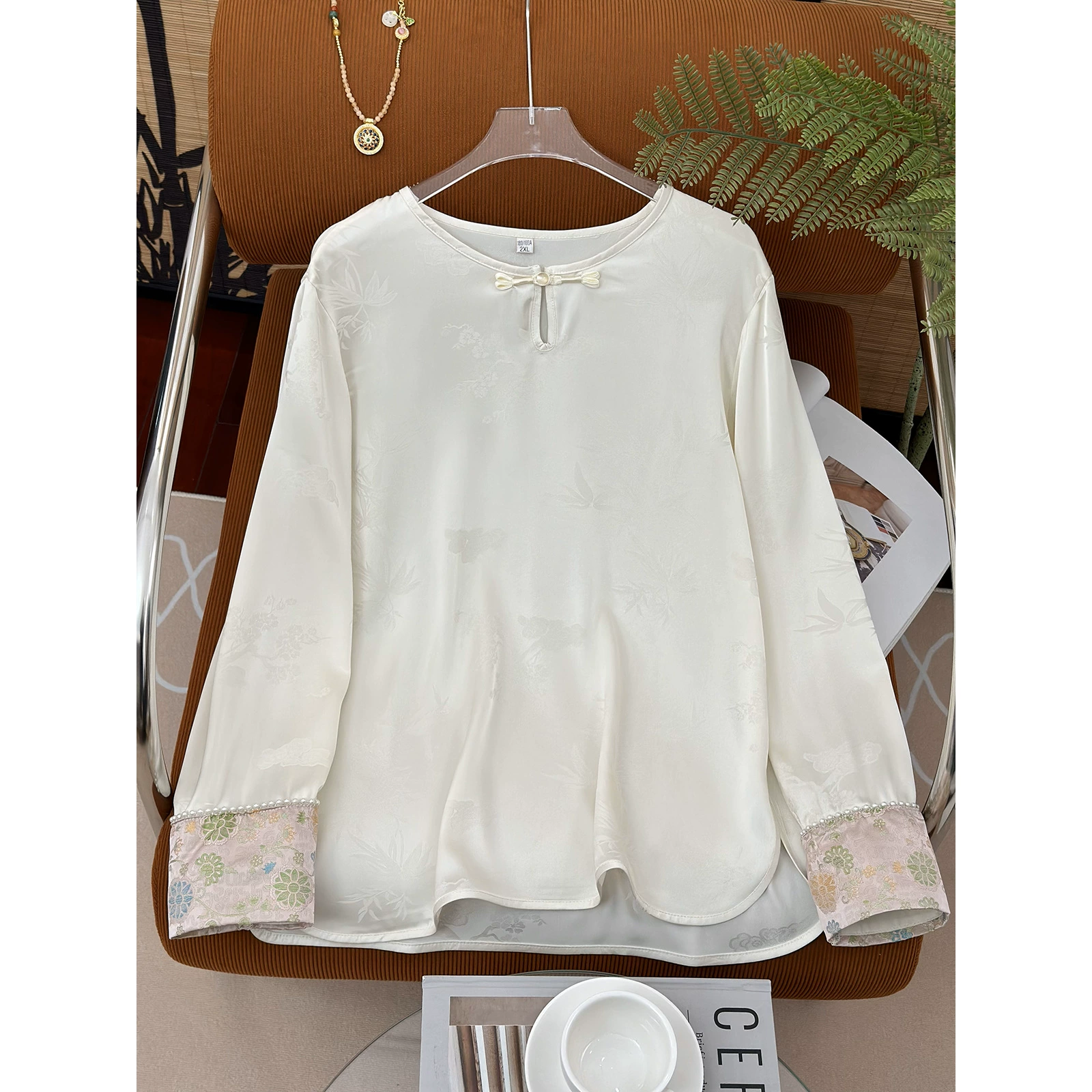 Новая китайская шелковая атласная рубашка с круглым вырезом