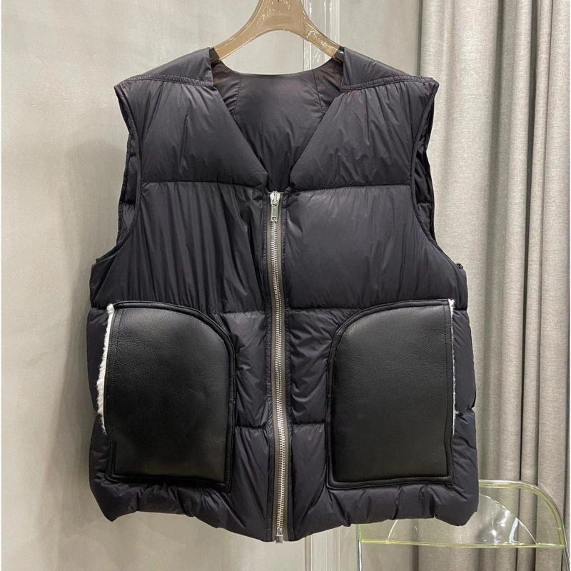 Cai Xukun Ric * kow Leather Patchwork Pocket Down Vest Women's Dark Wind Ultra Light Warm White Goose Down Vest