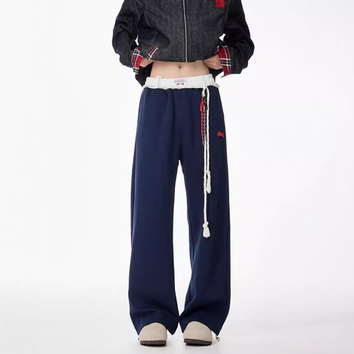 Vintage American Color Blocking Belted Athletic Pants for Men and Women Loose Wide Leg Sweatpants Hip-Hop Jazz Couple Casual Pants Trendy