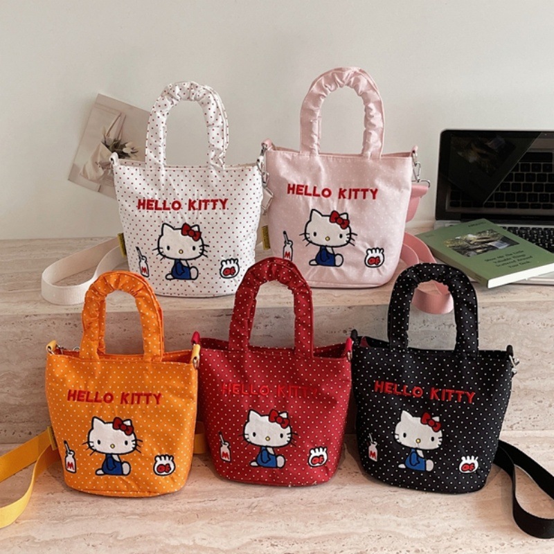 Korean-Style Fashion Fresh Polka Dot Kitty Cat Embroidered Small Bucket Bag with Pleated Handle to Enhance Appearance, Crossbody Bag