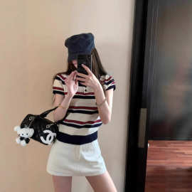 韩系学院风复古撞色条纹短袖T恤女夏季小个子正肩翻领短款上衣女T