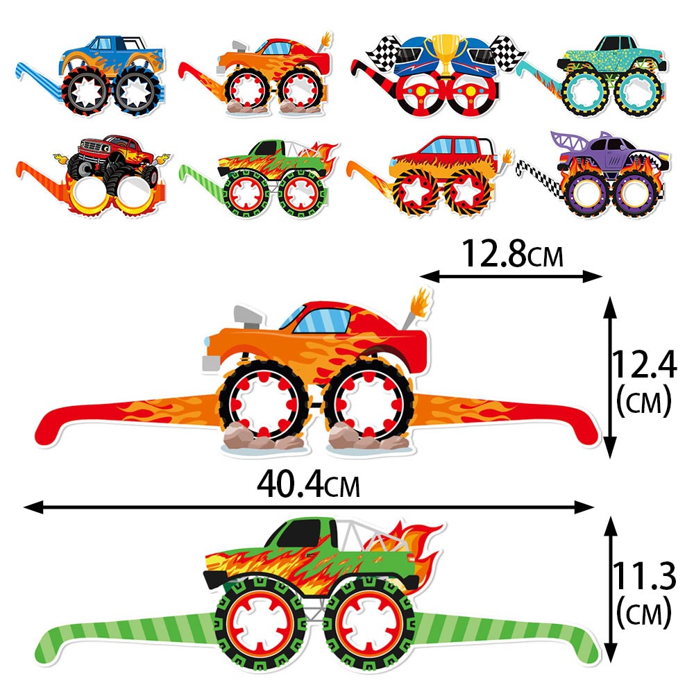 Monstruos transfronterizos camiones de cumpleaños para niños gafas de papel decoración de cumpleaños para vehículos todoterreno gafas de fotos
