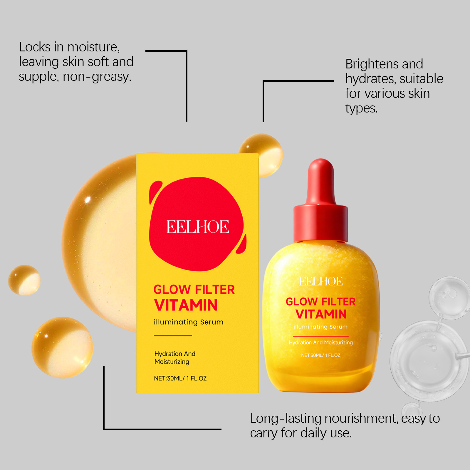 EELHOE Vitamin Essence Liquid Hydrating Nourishing Brightening Facial Skin Moisturizing Elasticity Skin Care Serum