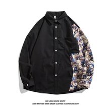 高街ins潮春装小熊日系衬衣BF风情侣外套拼接工装长袖衬衫男