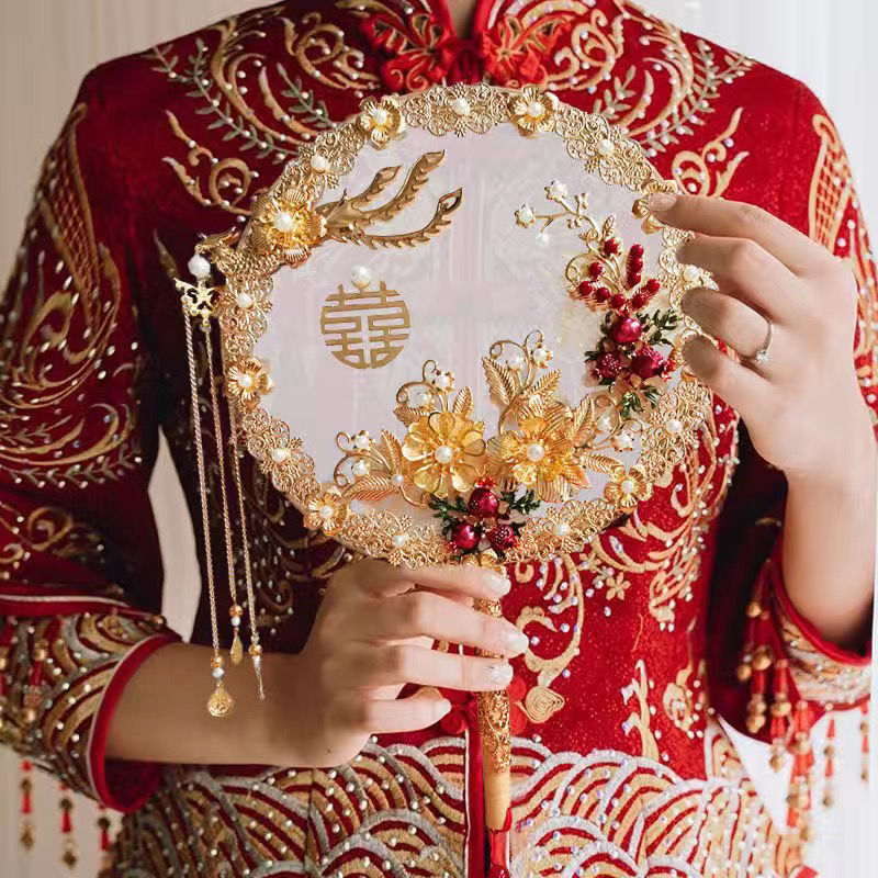 团扇新娘扇子女秀禾服diy塘铭成品喜扇手工中式结婚双面出嫁|undefined