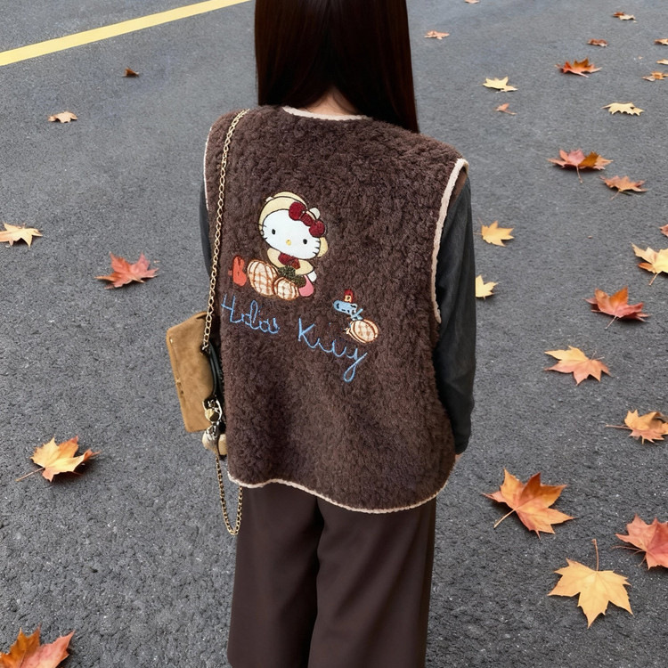 KT Cat Embroidered Lambswool Vest for Women, Autumn/Winter 2026 New Style, Lazy Style, Loose Fit, Versatile, Slimming Vest, Trendy