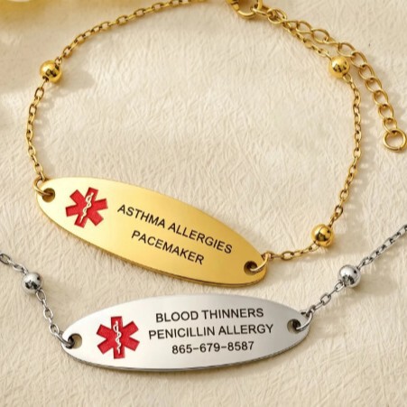 Medical alert bracelet, stainless steel oval tag, star of life, women's emergency ID information identification bracelet