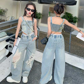 女童牛仔套装2026夏季新款小女孩复古港味破洞阔腿裤辣妹吊带上衣