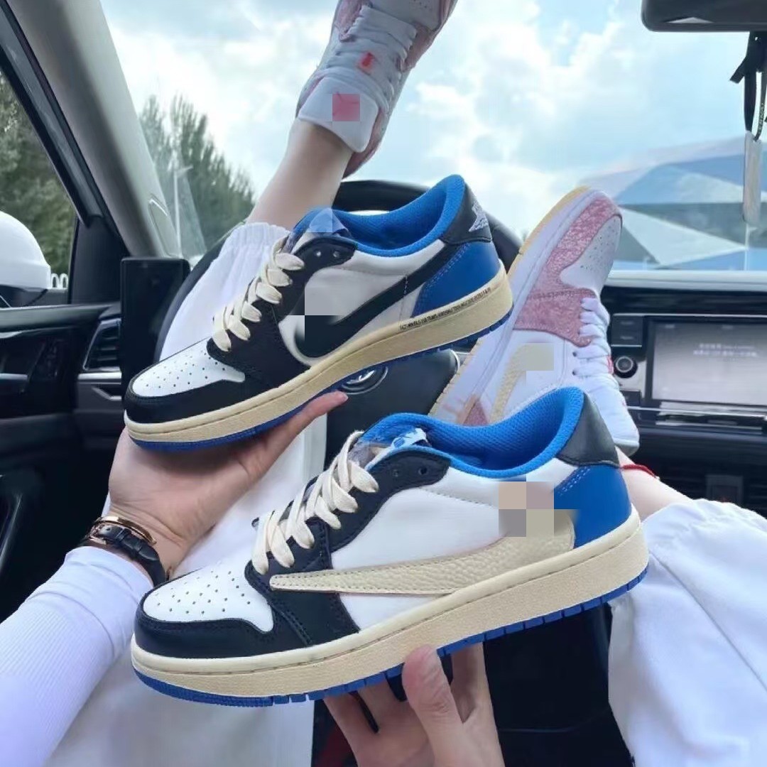 Authentic AJ1 LOW shoes, men's TS collaboration, reverse hook design, athletic sneakers, women's dark brown, white brown, golf, black and white