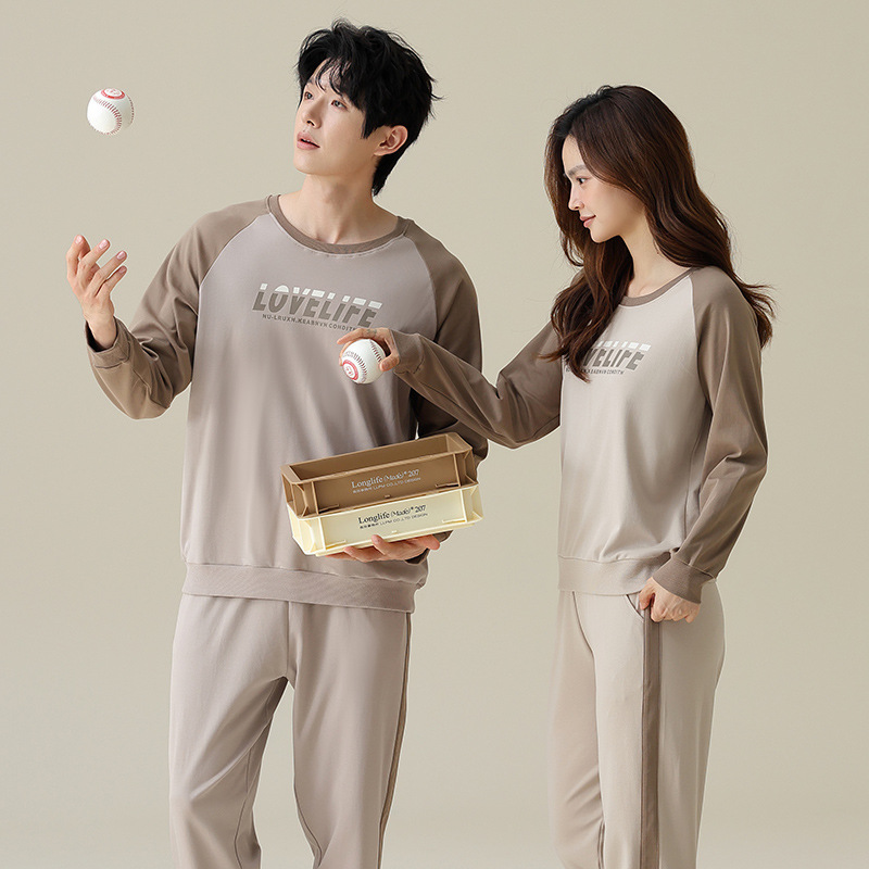 [순면] 잠옷 여성 봄 · 가을 긴 소매 풀오버 컬러 매칭 캐주얼 스포츠 세트 남성 올면 홈 의류