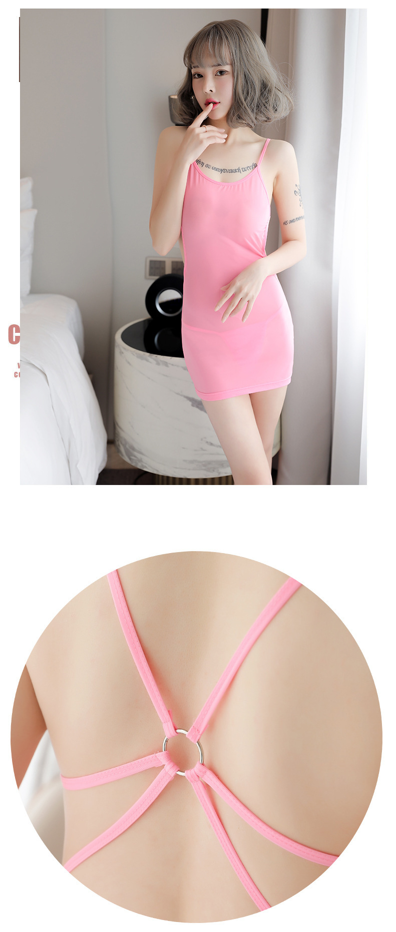 Backless Ice Silk Lingerie Set with Sheer Top and Hip Skirt, Grey One Size — detail image 13