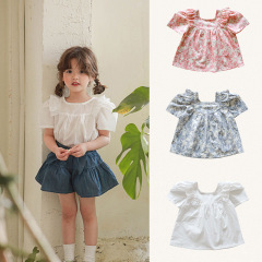 Strawberry Shanty Children's Summer Thin Cotton Stylish Square Collar Fringe Floral T-Shirt