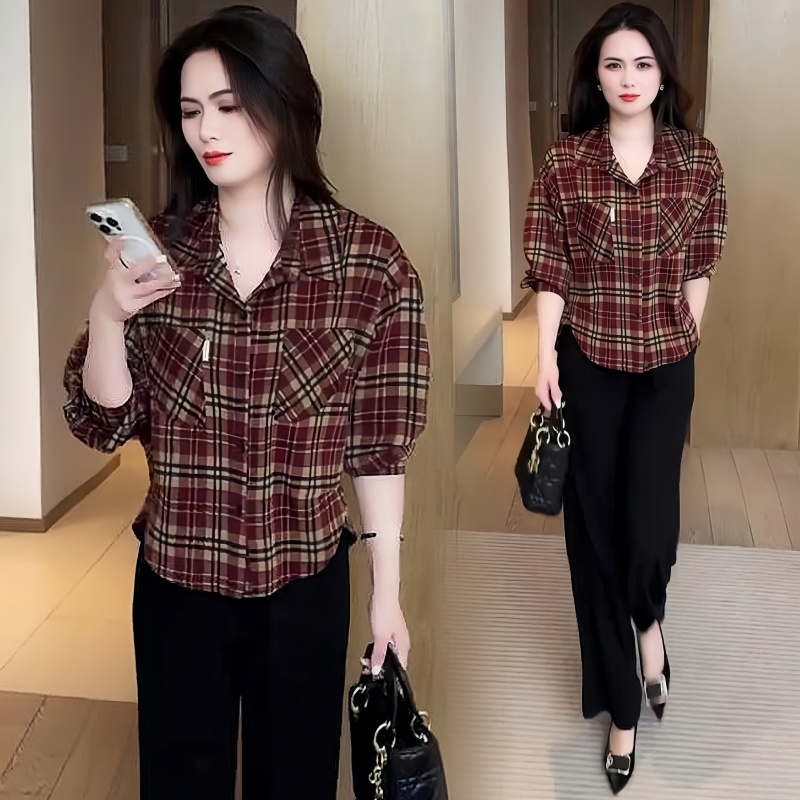 Fashionable checked long-sleeved shirt for women in spring and autumn new loose lapel shirt casual and versatile fashionable top