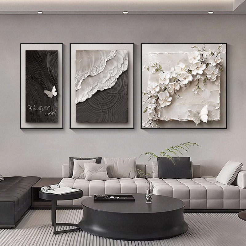 轻奢高级感客厅大白墙装饰画蝴蝶花卉三联画立体感沙发背景墙挂画|undefined