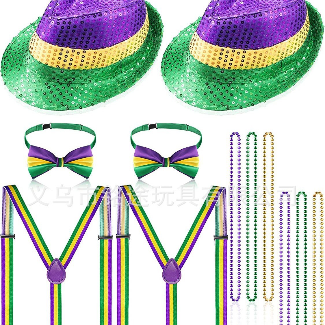 Accesorios para el Cabello de Carnaval de Mardi Gras, Máscara Tricolor, Corbata de Moño, Cadena de Cuentas Electrochapadas, Conjunto para Fiesta de Carnaval
