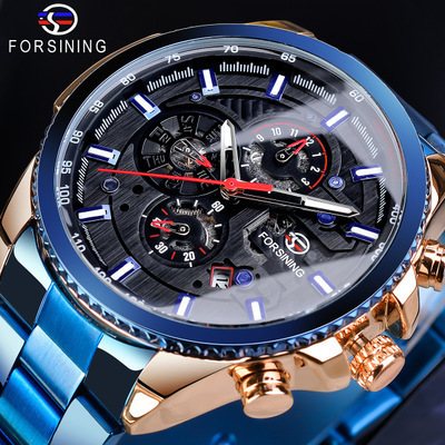 Una generación impermeable FORSINING tres ojos y seis agujas reloj mecánico automático para hombre reloj para hombre reloj con correa de acero