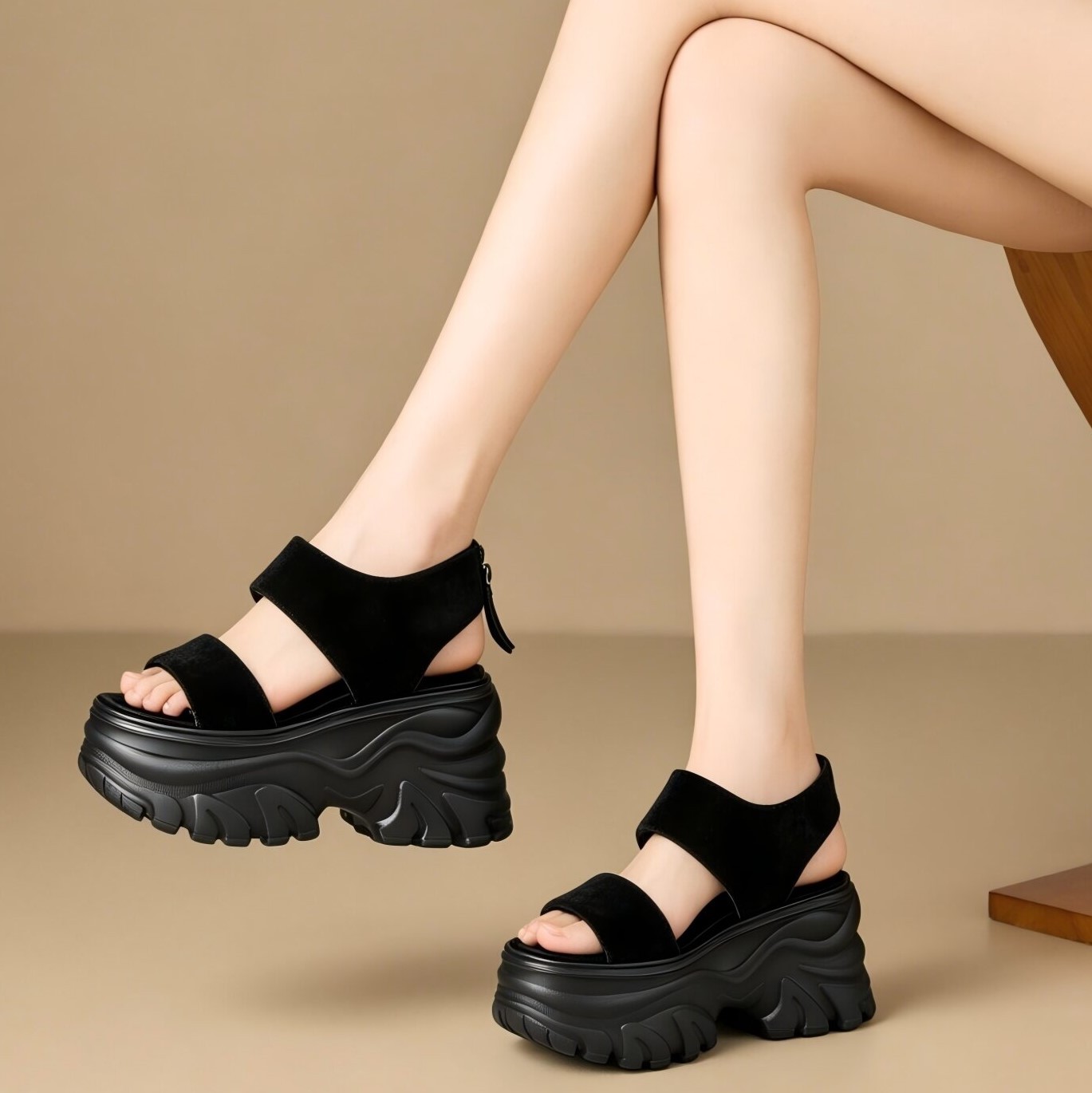 Sandal cao gót nữ đế xuồng phong cách La Mã, gót 12 cm, quai hở mũi, khóa kéo sau — màu đen, màu mơ