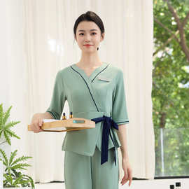 新款显瘦显高水疗SPA美容师美甲师工作服养生馆足浴技师分体套装