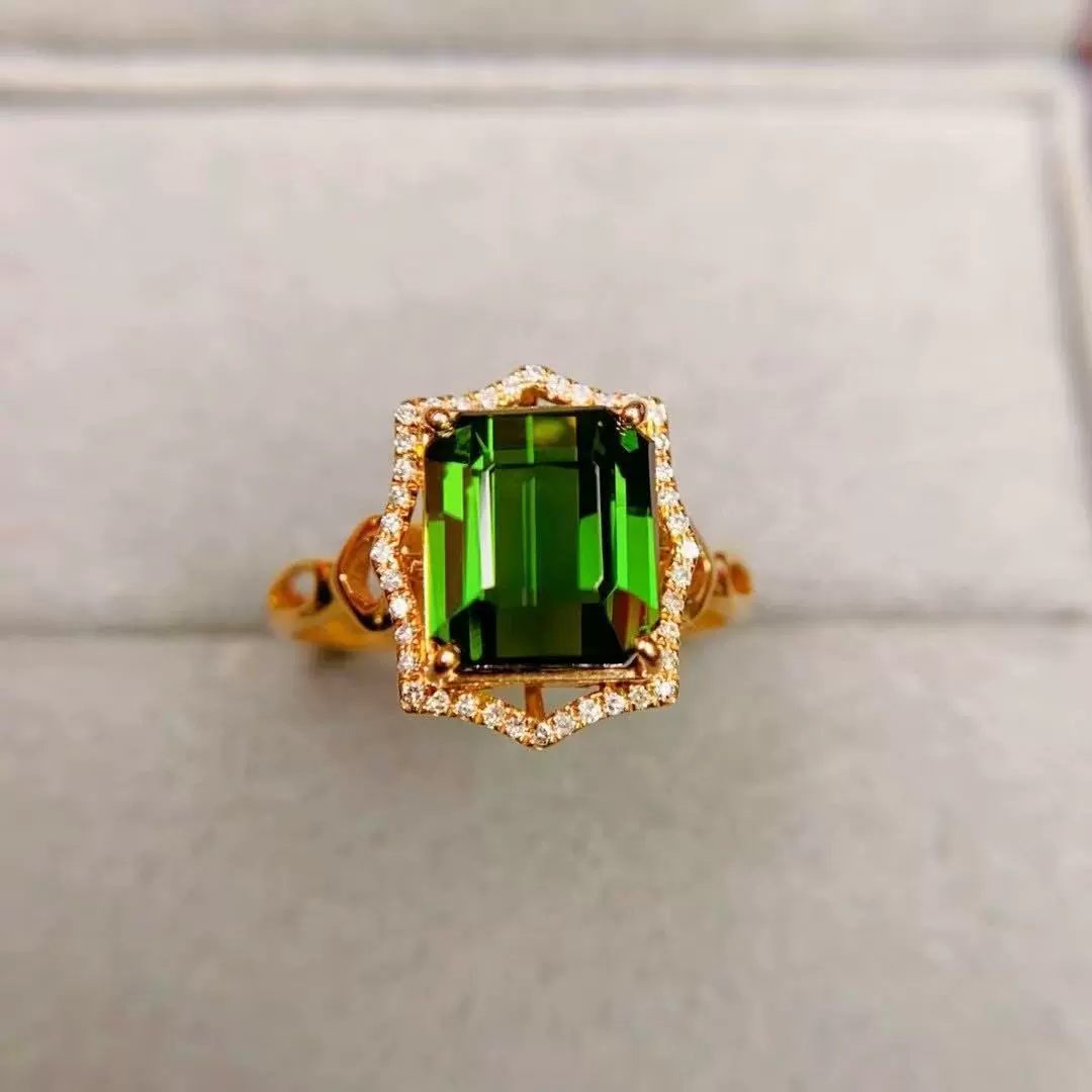彩宝系列欧美方形绿碧玺戒指彩色宝石戒指3.4ct18k金碧玺戒指手饰
