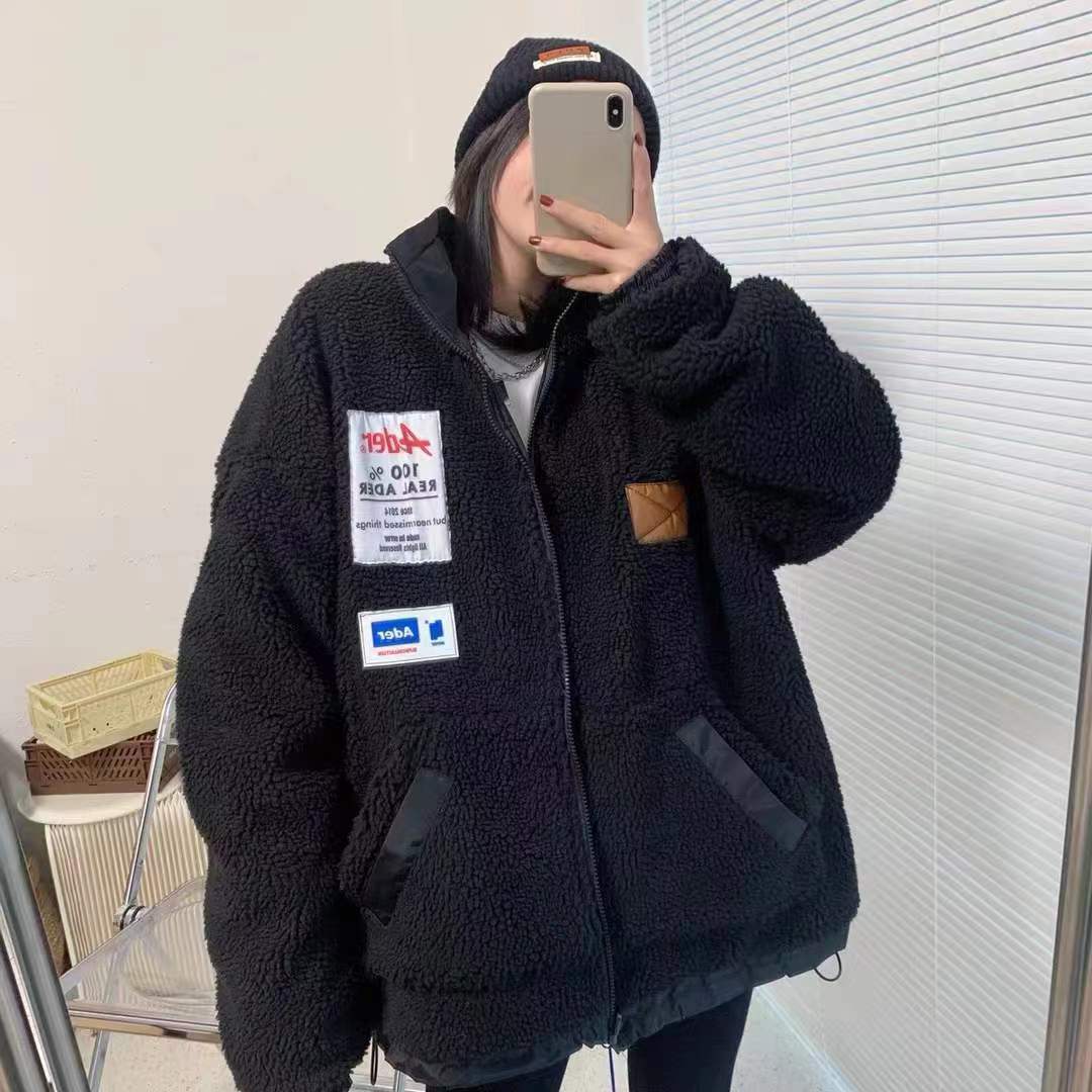 韩版ADER羊羔毛外套两面外穿加厚棉服秋冬款摇粒绒情侣棒球服|ru
