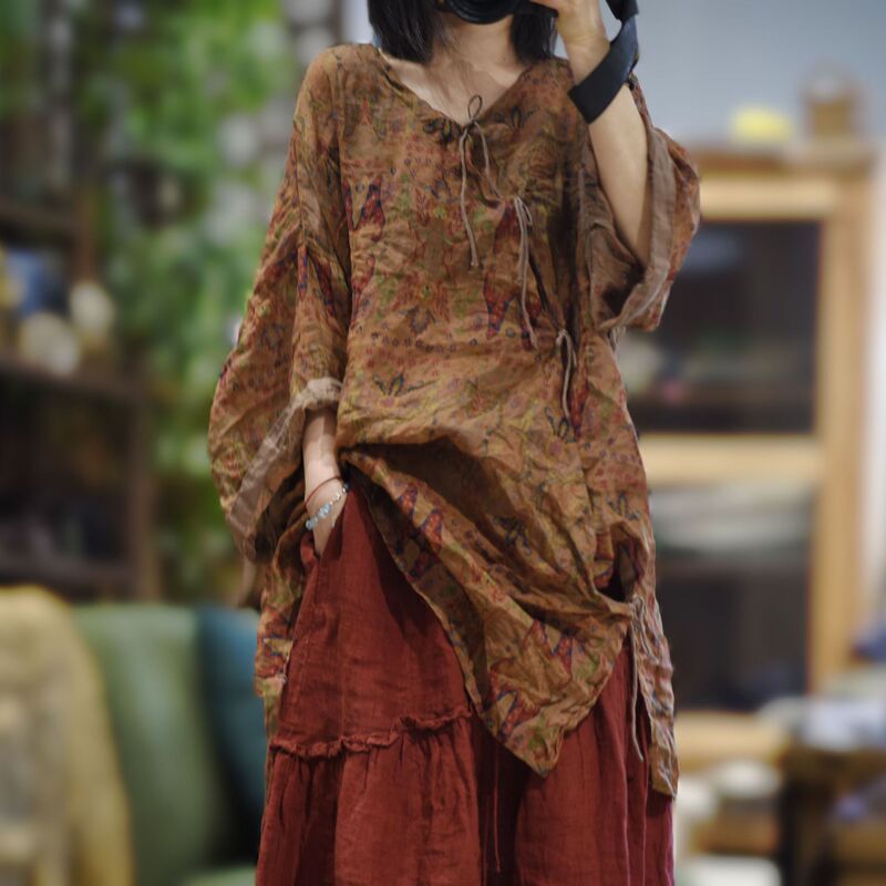 25/08 Sn193 Casual Literary Loose Ramie Printed Side-Breasted Lace-Up Slit Robe
