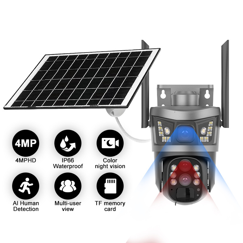 太阳能4G全景V380监控器无线手机远程室外双镜头枪球联动双