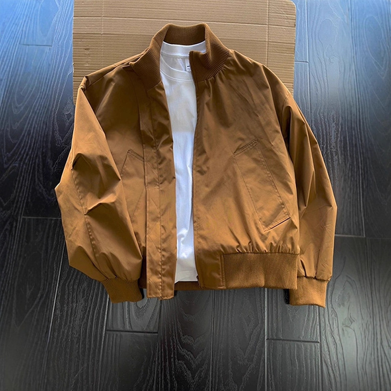 Brown American Short Bomber Jacket for Boys Autum Bomber Stand Collar Baseball Uniform High-End Work Jacket