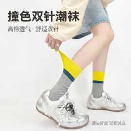 袜子女款春夏复古撞色潮袜双针条纹透气吸汗薄棉袜女ins潮中筒袜