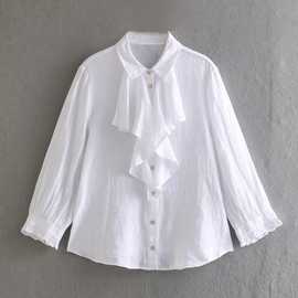 外贸2023欧美夏季新款时尚简约荷叶边领长袖单排扣白色衬衫女9365
