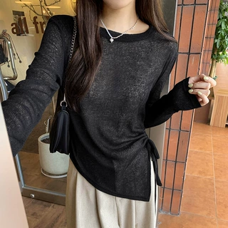 实拍图下摆露腰抽褶显瘦针织衫女士春夏新款气质薄款微透防晒罩衫