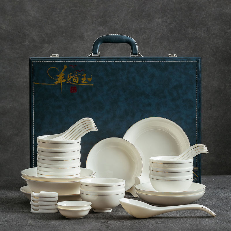 Dehua Jade Porcelain 2026 New Model Exquisite Housewarming Gift Chinese Style Ceramic Gold-Edged Rice Bowl and Plate Set Wholesale