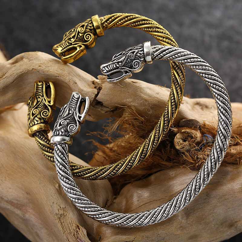 European and American explosive alloy bracelet wire woven Viking animal head opening personality retro double dragon bracelet wholesale European and American explosive alloy bracelet wire woven Viking animal head opening personality retro double dragon bracelet wholesale