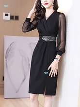 Long Sleeve Solid Color Elegant V Neck Bodycon Dress连衣裙