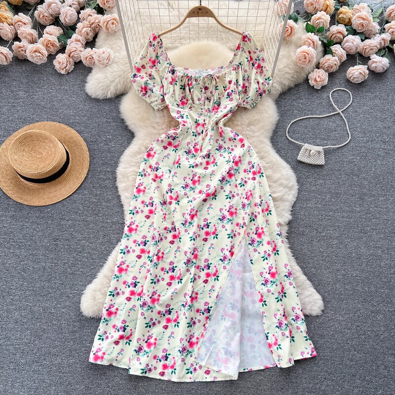 French style pure desire high-grade floral bubble sleeve dress women's summer slimming temperament Super fairy Mori split dress French style pure desire high-grade floral bubble sleeve dress women's summer slimming temperament Super fairy Mori split dress
