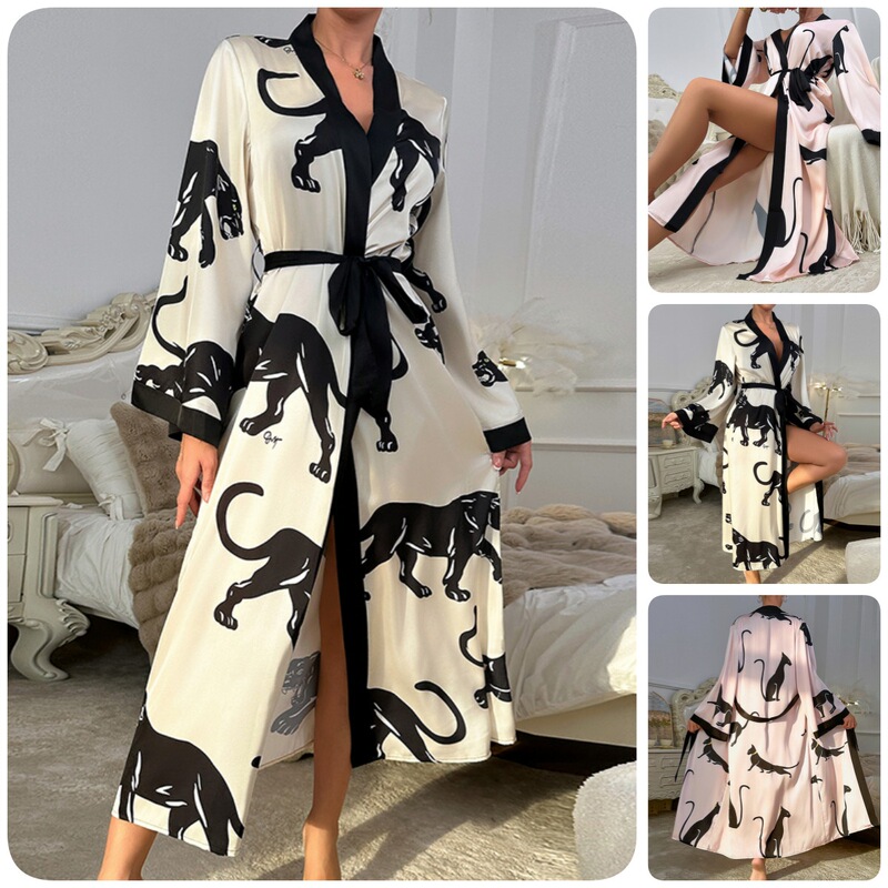 Luxurious satin home bathrobe with black panther print and contrasting color design, French-style long robe suitable for wearing outside 838 Luxurious satin home bathrobe with black panther print and contrasting color design, French-style long robe suitable for wearing outside 838