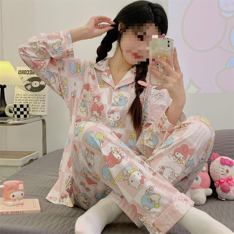 ピンクガールガール長袖クラウドコットンベア 24 漫画パジャマ女性の春と秋の大きいサイズのホームウェアパジャマ|undefined