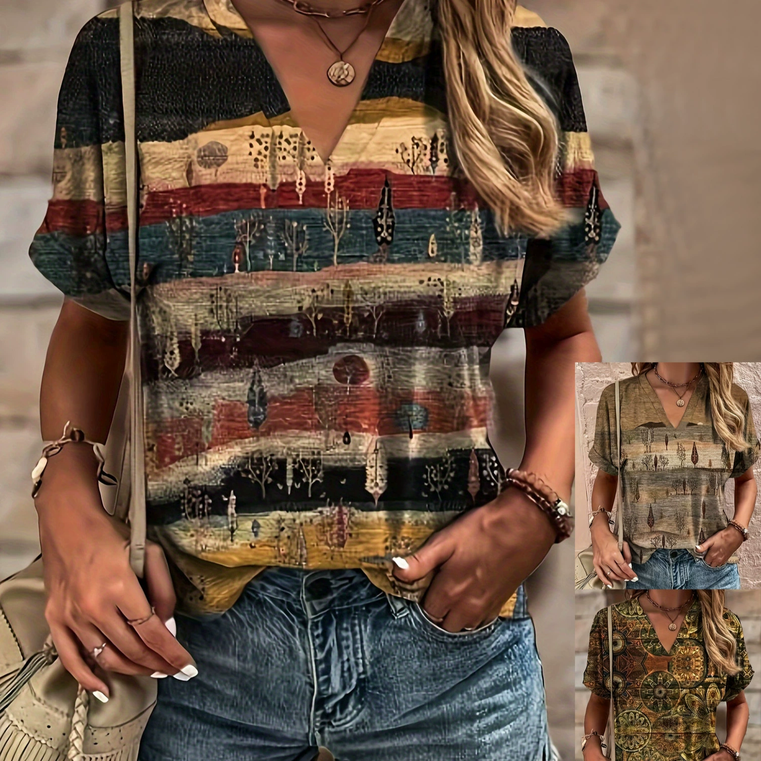 2024 лето новый амазонка temu этнический стиль принт V-образный рукавный рукав мода большой размер женская футболка с короткими рукавами