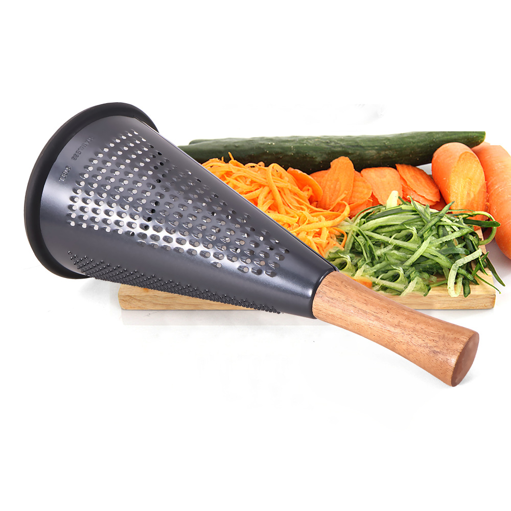 Planeador de queso cónico de acero inoxidable vertical al contado, planeador de queso de tres lados, mango de madera, melón y frutas, planeador de verduras multifuncional