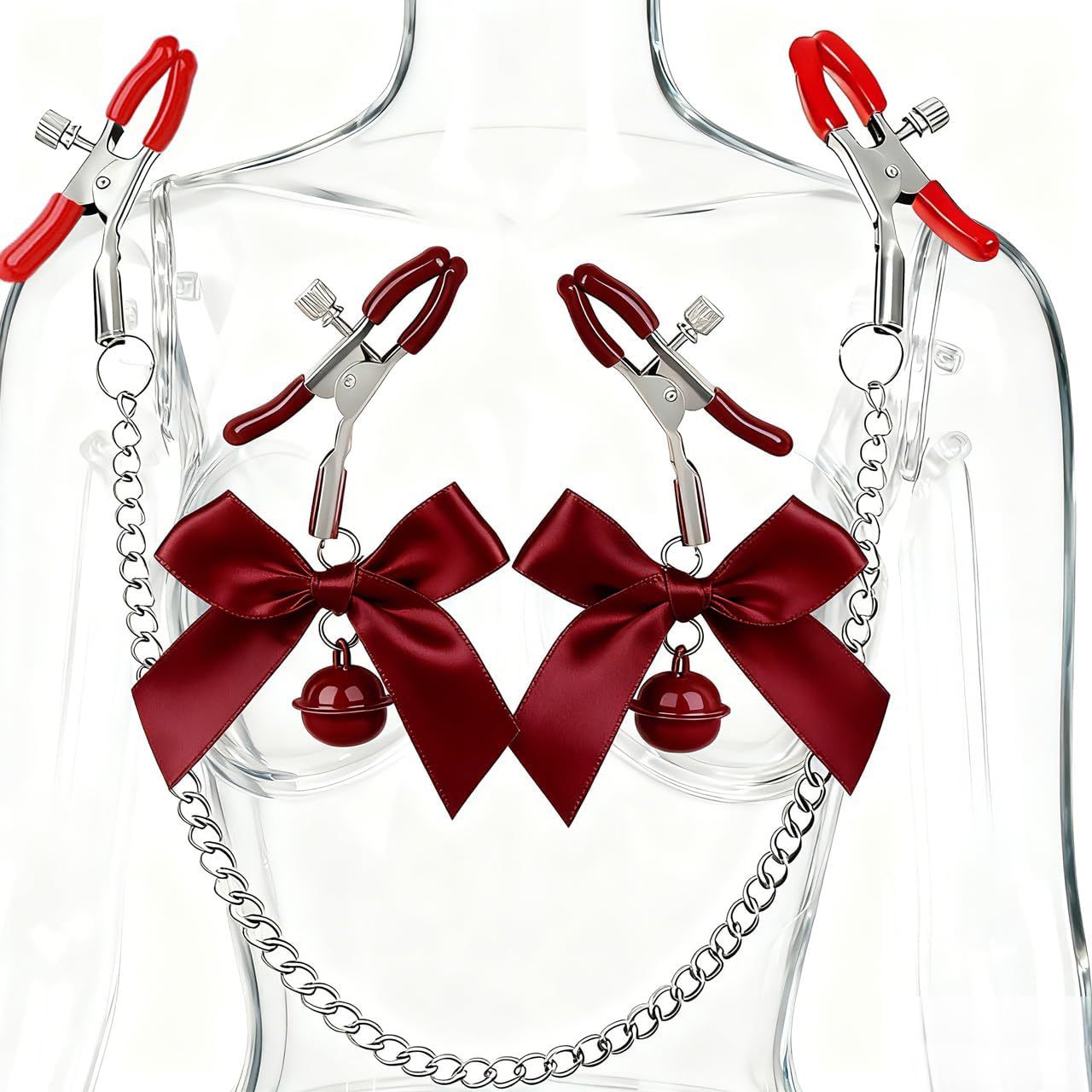 SM Nipple Clamps with Double Bells, Metal Breast Ornament Pair, Black Couple’s Intimate Play Accessory — detail image 11