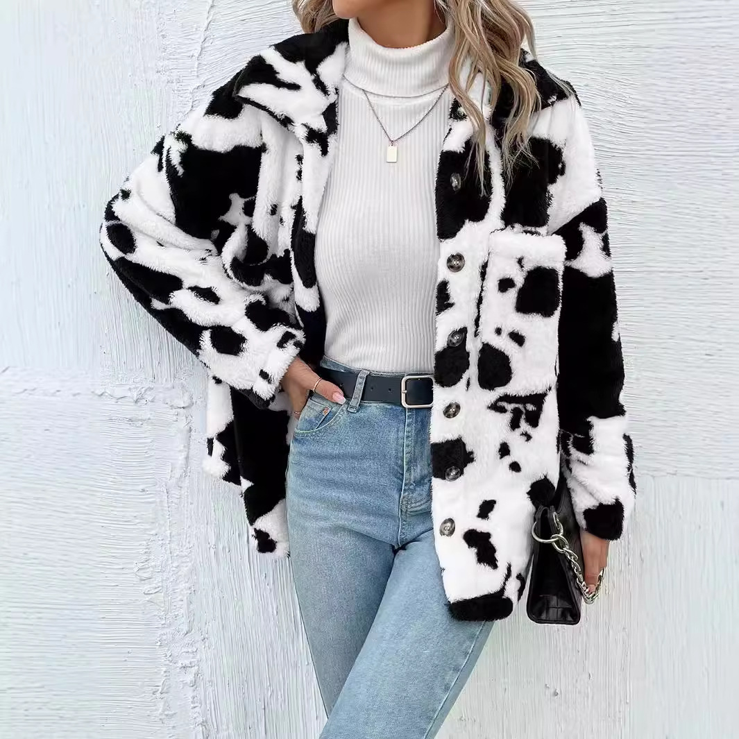 Women's Clothing hot selling double sided plush cow pattern pocket top coat hot_voghion.com