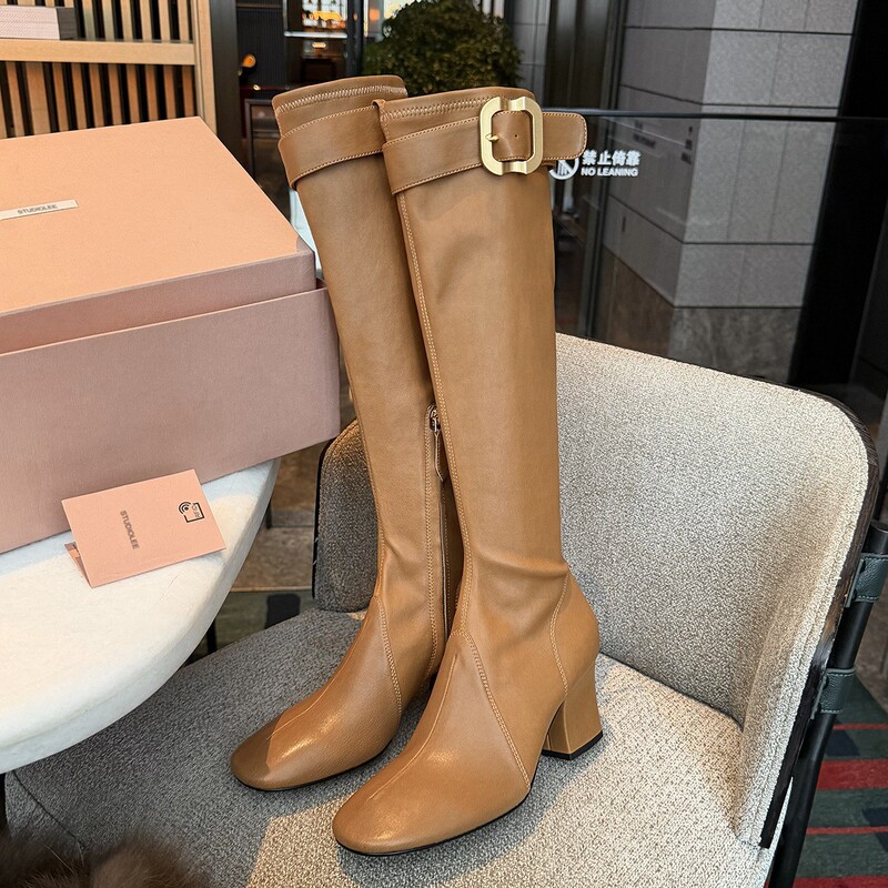 Grape Mom's Same Style 7cm Chunky Heel~ Jang Won-Young's Same Style Gold Buckle Half-Zip Chunky Heel Long Knight Boots Grape Mom's Same Style 7cm Chunky Heel~ Jang Won-Young's Same Style Gold Buckle Half-Zip Chunky Heel Long Knight Boots