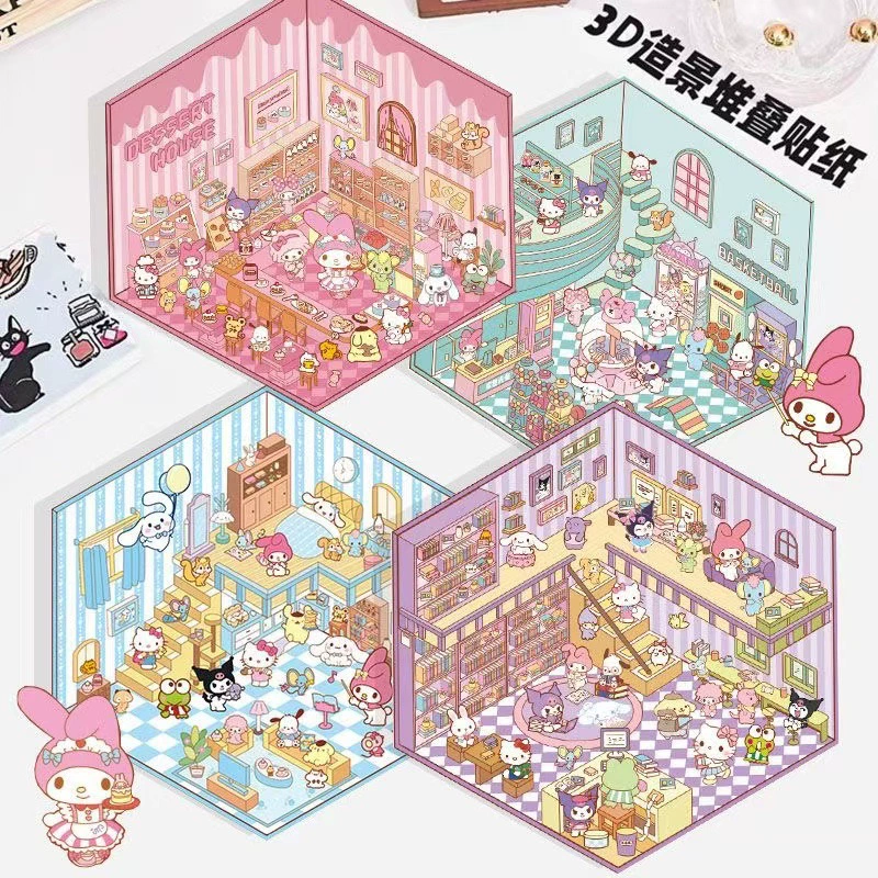 Наклейки для дневника Ins Sanrio: миниатюрные 3D-сцены, не требующие вырезания, с эффектом объемного стерео-домика, креативные, с 3D-эффектом