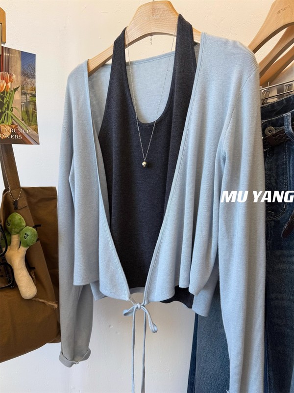 MUYANG 温柔蓝色拼灰背心 绑带假两件针织衫开衫 女假套式毛衣女|undefined