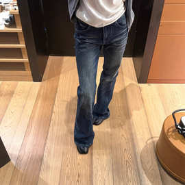 SUNONEONE 水洗蓝色猫须纹低腰微喇牛仔裤女秋冬修身显瘦休闲裤子