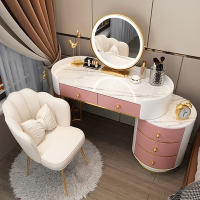 100 화이트 엣지 + 핑크 테이블 + 원형 캐비닛 + 거울 + 꽃잎 의자 화이트 TLMS - 원형 스타일