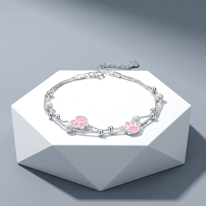 S925 sterling silver pink cat paw bracelet for women, sweet and cute healing style jewelry, simple and unique design, birthday gift