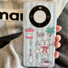 ins蓝条纹椰树猫咪适用华为 MATE60Pro手机壳防摔MATE60双层印花