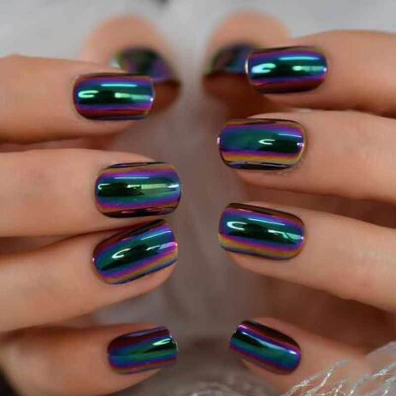 European and American Wearable Manicure Wholesale Fake Nails Finished Patch Nails 24 Pieces Electroplated Short Green Aurora Wearable Nails