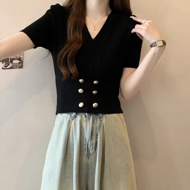 V-Ausschnitt, hohe Taille, kurzärmeliger Damen-Sommer, neuer französischer Stil, kleiner, duftender Wind, Eisseide, gestrickter Pullover_voghion.com