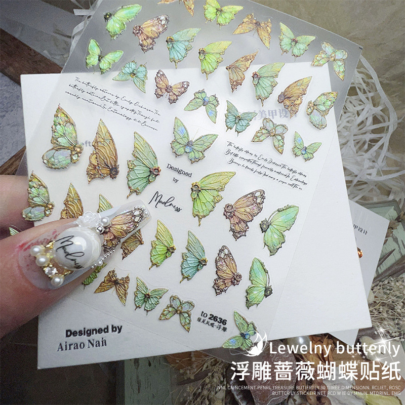 Uñas belleza perla mariposa 3D tridimensional alivio Rosa mariposa pegatinas blanco verde pies Fénix mariposa decoraciones al por mayor